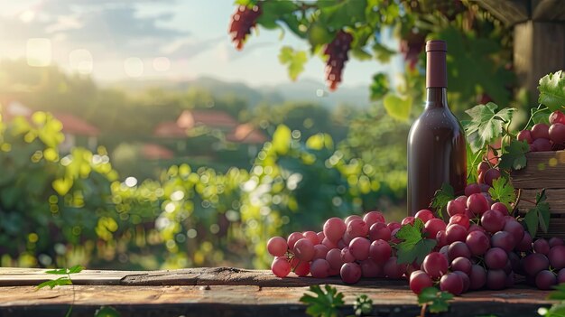 grappoli di uve vicino a una bottiglia di vino in un vigneto