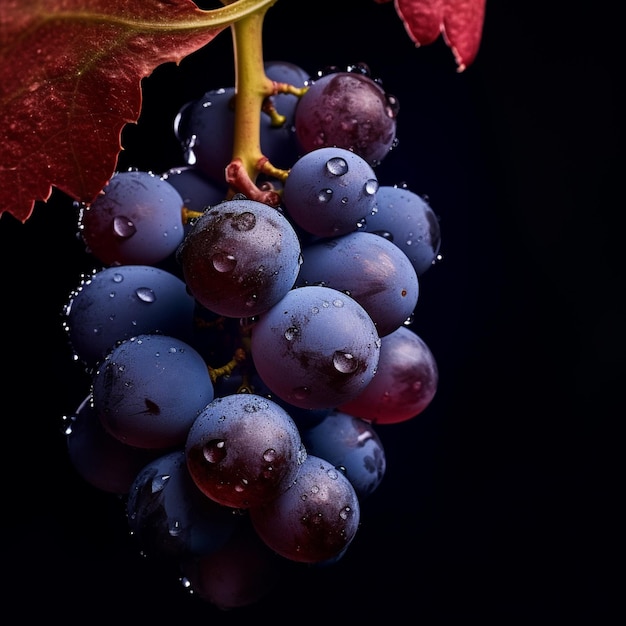 Grappolo d'uva nera con gocce d'acqua su sfondo scuro AI generativa