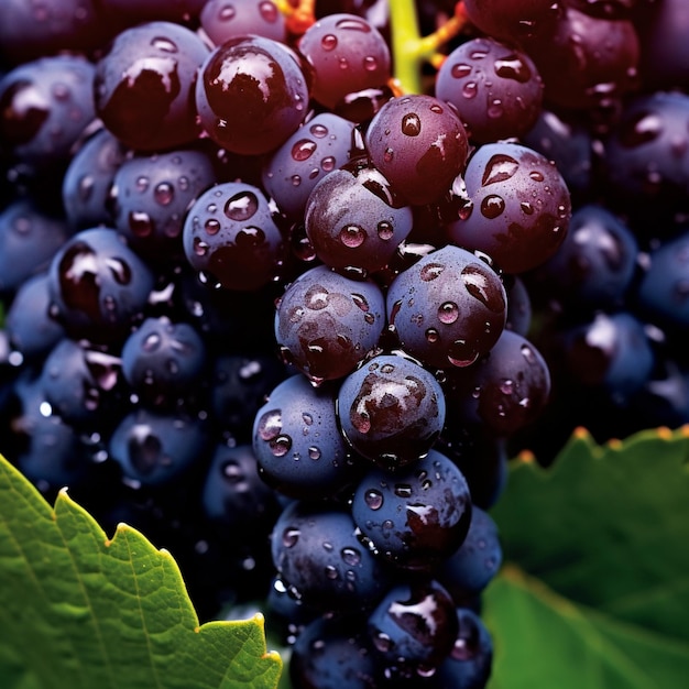 Grappolo d'uva nera con gocce d'acqua su sfondo scuro AI generativa