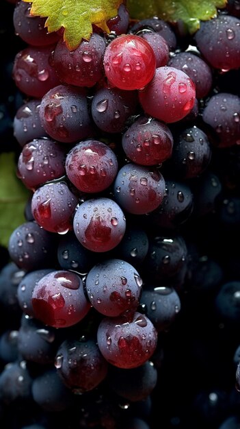 Grappolo d'uva Pinot Noir con gocce d'acqua su sfondo scuro AI generativa