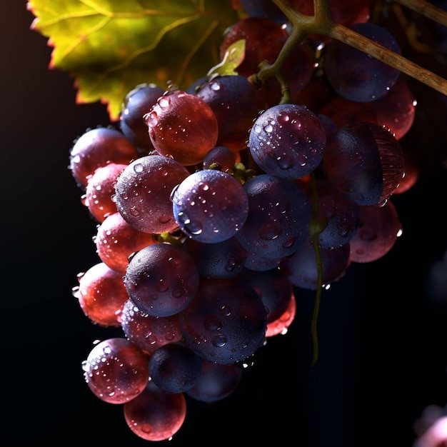 Grappolo d'uva rossa matura con gocce d'acqua su sfondo nero