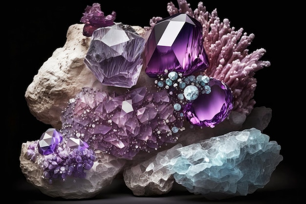 Grappolo di minerali e cristalli lucidi viola trasparenti trasparenti