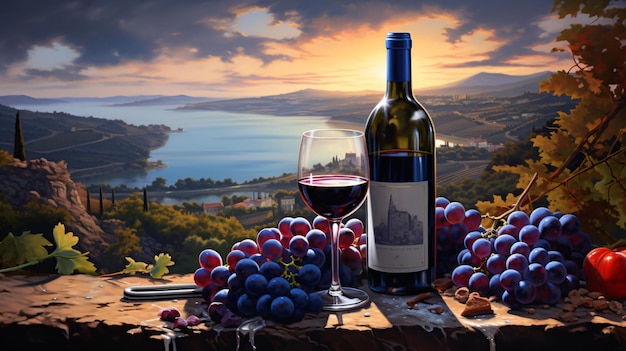 Grappolo di uva blu, bottiglia di vino rosso e bicchiere di vino