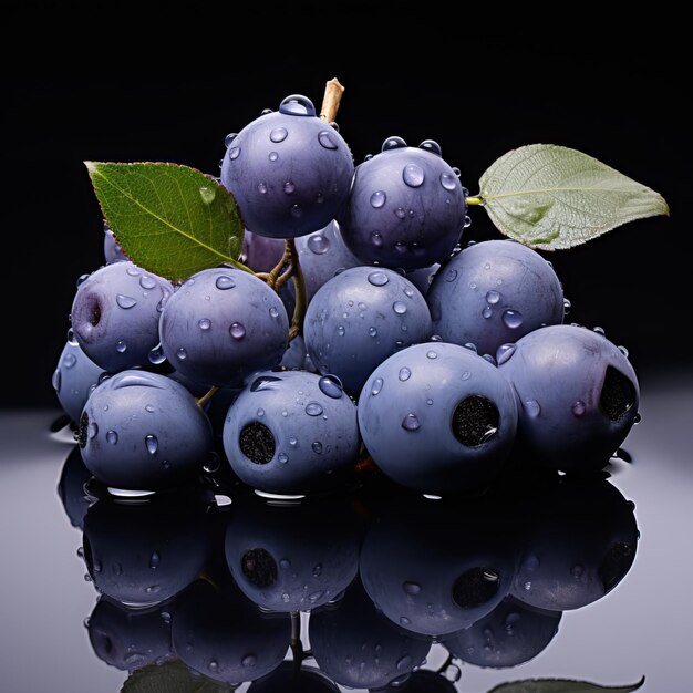 Grappolo di uva nera matura con gocce d'acqua isolate su uno sfondo nero