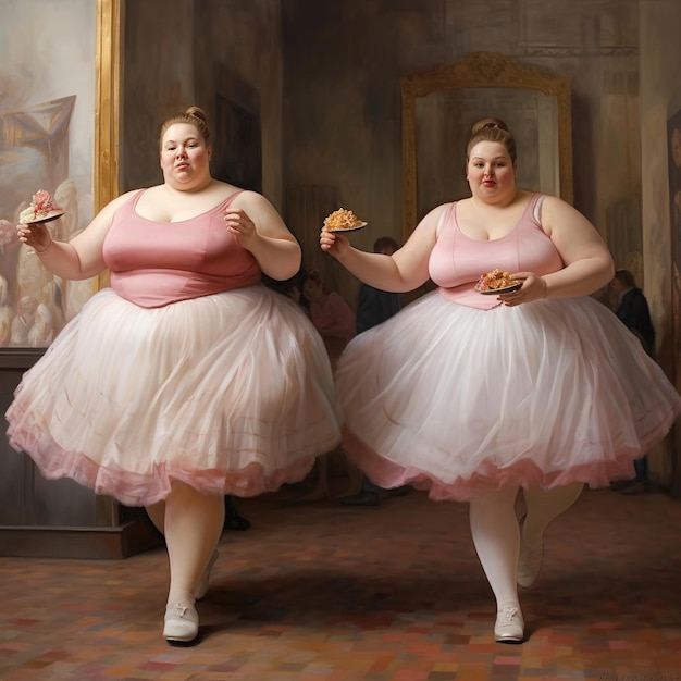 Grasse ballerine in tutù rosa con torte in mano