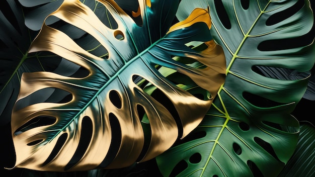 Grassetto colore tono metallico di monstera tropicale e sfondo di foglie di palma