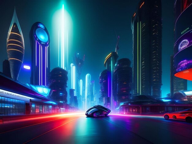 Grattacieli futuristici del paesaggio urbano di mezzanotte con il concetto di veicoli