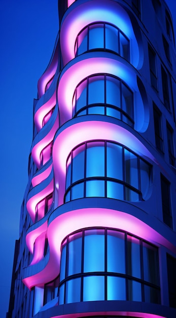 Grattacielo curvo con un design ondulato di luci al neon generato dall'intelligenza artificiale