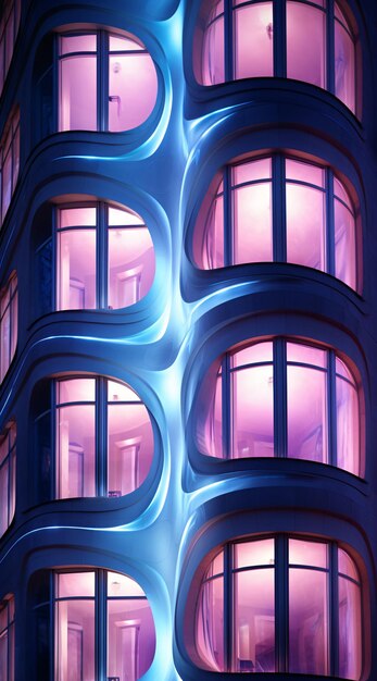 Grattacielo curvo con un design ondulato di luci al neon generato dall'intelligenza artificiale