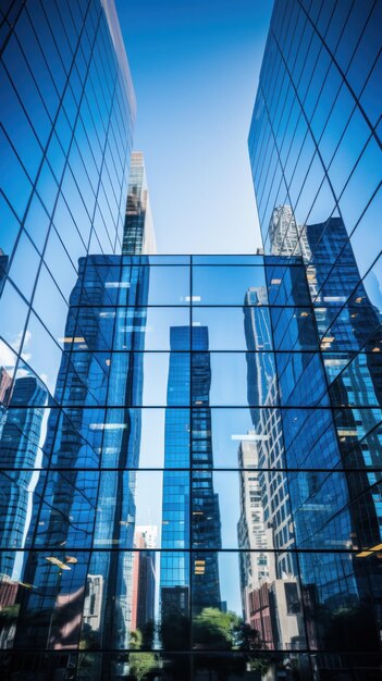 grattacielo di vetro che riflette il cielo blu e gli edifici circostanti