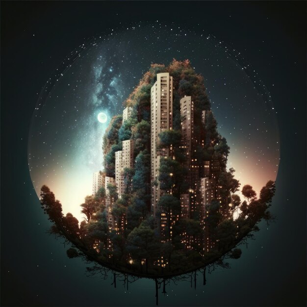 Grattacielo fatto di alberi Night City Generative AI