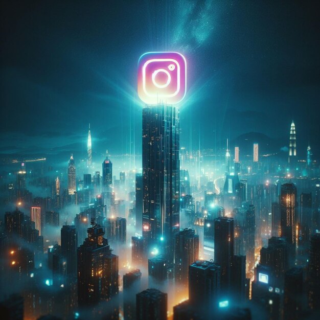 grattacielo futuristico urbano adornato con il logo di Instagram che fonde regni digitali e fisici