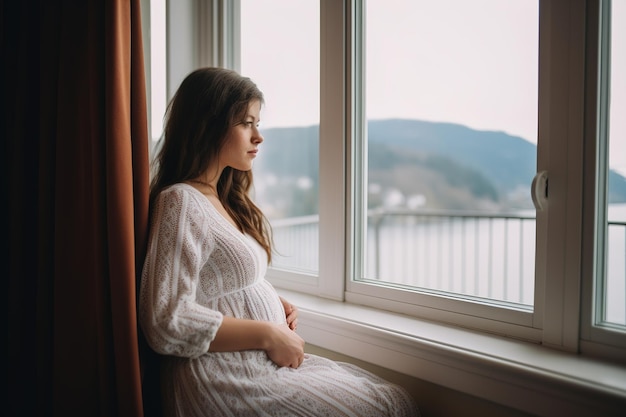 Gravidanza maternità felice donna incinta con grande pancia vicino alla finestra della casa
