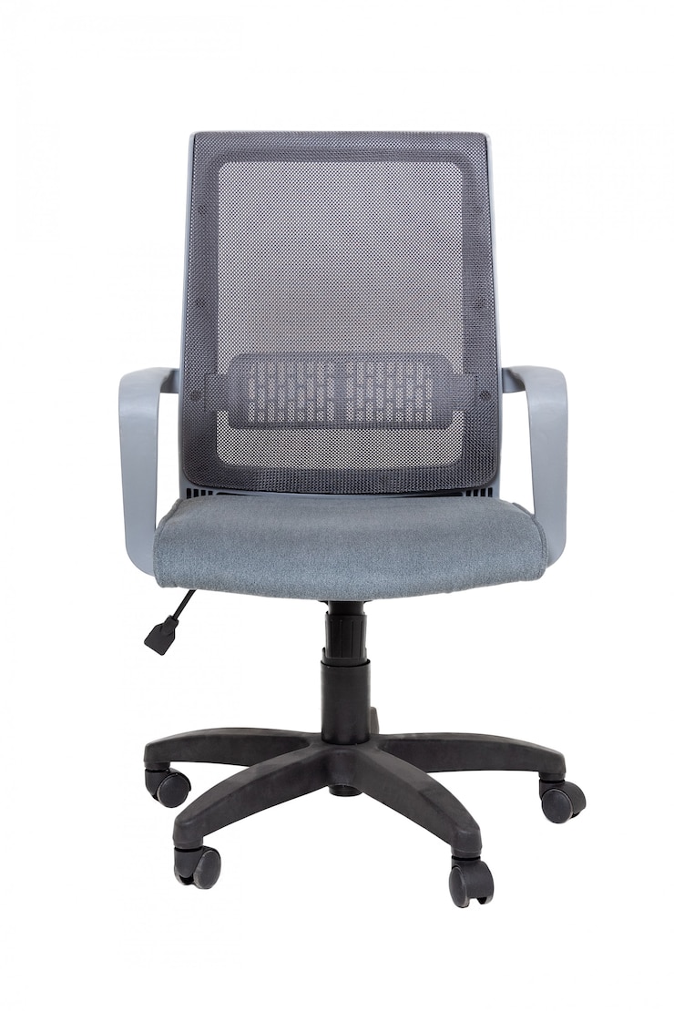 Photo gray office fabric armchair on wheels isolated on white , front view