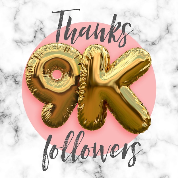 Grazie a novemila follower banner per abbonati ai social media con palloncino in lamina d'oro