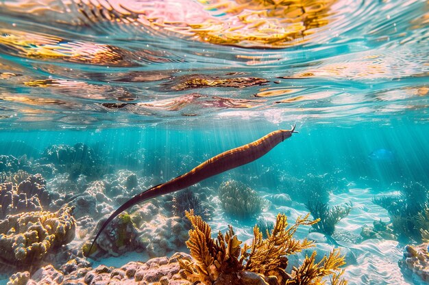 Graziosa anguilla che scivola nelle acque soleggiate