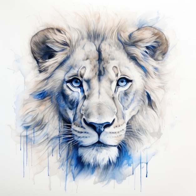 Graziosa bellezza Uno schizzo del viso di un leone morbido con gli occhi azzurri su uno sfondo bianco