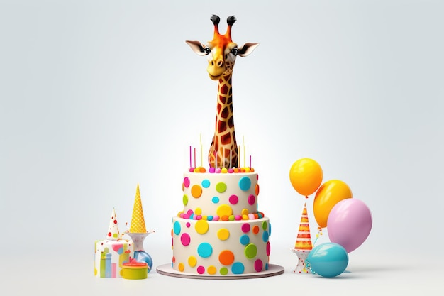 Graziosa giraffa felice con torta di compleanno su sfondo bianco