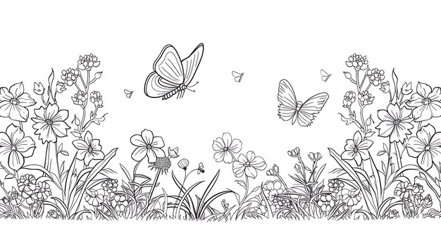 Graziose farfalle sventolano tra un prato di fiori in questo dettagliato disegno a righe