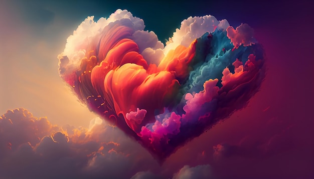 Graziose nuvole multicolori a forma di cuore sullo sfondo della scena di San Valentino