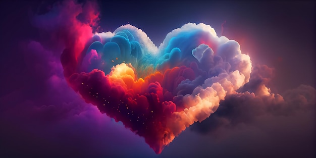 Graziose nuvole multicolori a forma di cuore sullo sfondo della scena di San Valentino
