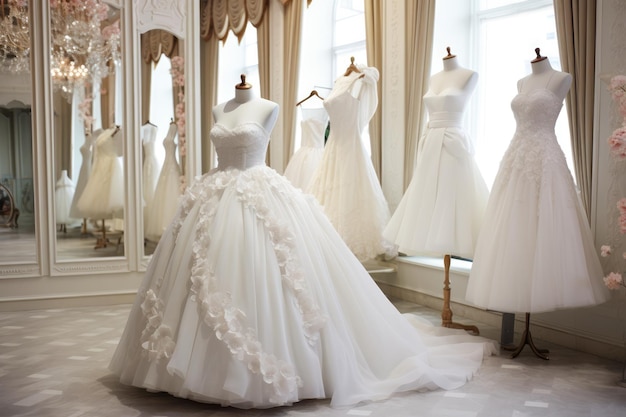 Graziosi abiti da sposa bianchi appesi in una boutique di spose