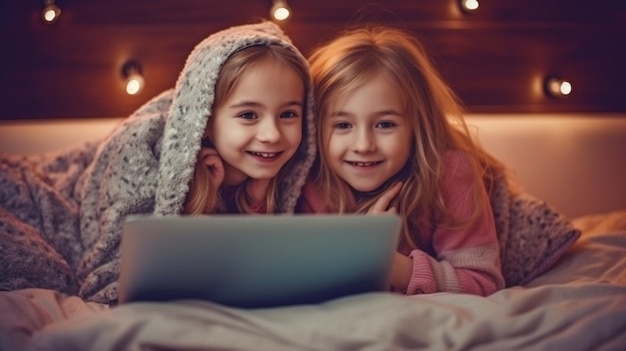 Graziosi bambini sdraiati su un letto con un laptop che utilizzano l'IA generativa