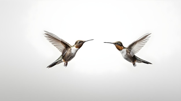 Graziosi colibrì in volo catturati su sfondo grigio molto chiaro