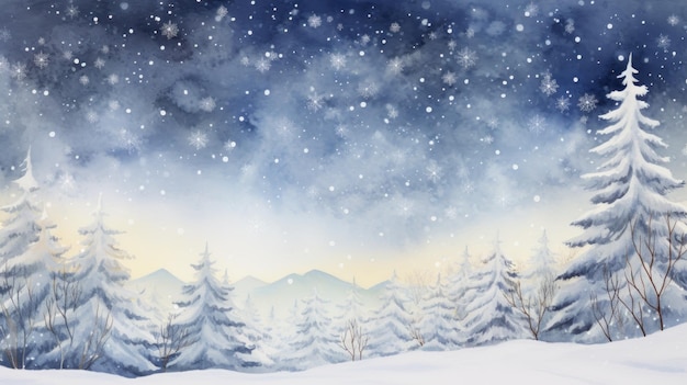 Graziosi fiocchi di neve ad acquerello che adornano un sereno paesaggio natalizio al chiaro di luna Generato dall'intelligenza artificiale