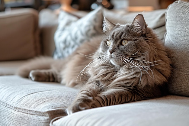 Grazioso riposo bellissimo gatto grigio peloso sul divano