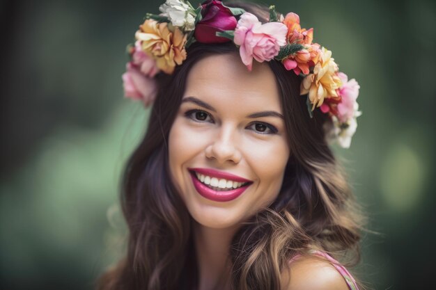 Grazioso ritratto di una donna con un sorriso radioso e una corona di fiori in fiore