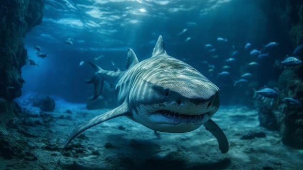 Great White Shark Big Fish Predator Carcharodon Carcharias Majestic Aggressive Shark AI generato