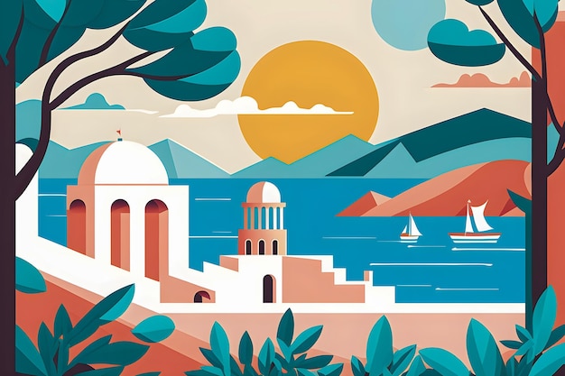Grecia paesaggio design piatto illustrazione tradizionali colori greci tradizionali