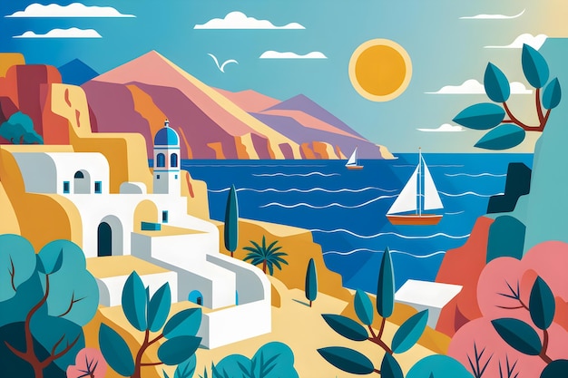 Grecia paesaggio design piatto illustrazione tradizionali colori greci tradizionali