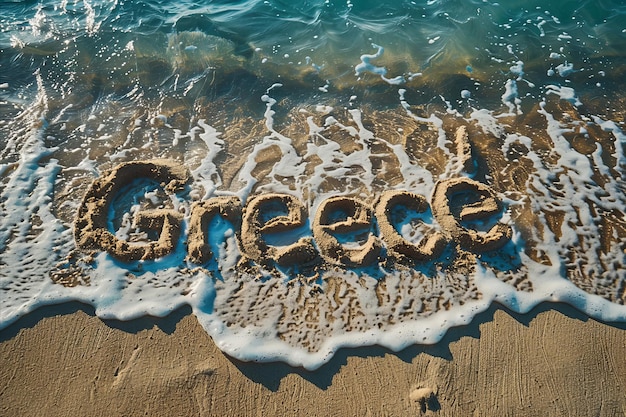 Grecia scritta nella sabbia su una spiaggia sfondo del turismo e delle vacanze greche