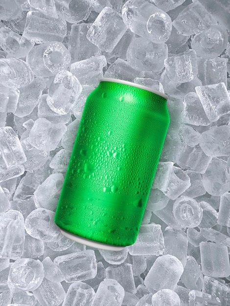 Green aluminum can with water droplets ice cubea of juicy Summer refreshing drink