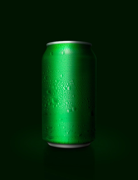 Green aluminum can with water droplets on dark green background