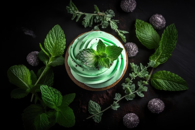 Green Cupcake Color Mint Cup Cake Deliziose cupcake su sfondo scuro Abstract Generative AI Illustration