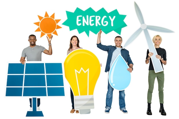 Green energy png sticker persone diverse con icone sullo sfondo trasparente