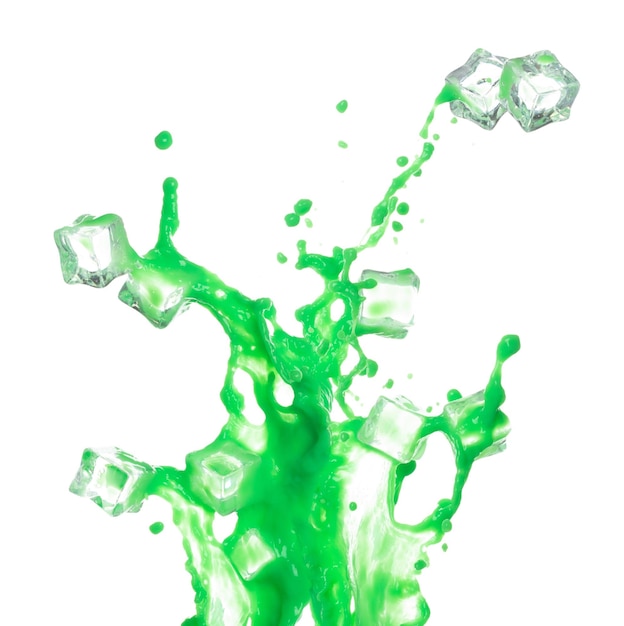 Green Matcha Milk Tea versare cadere esplosione in aria con cubetto di ghiaccio freddo Green Matcha milk Tea versare spruzzo in forma forma linea come colore di vernice sfondo bianco isolato obturatore ad alta velocità congelare