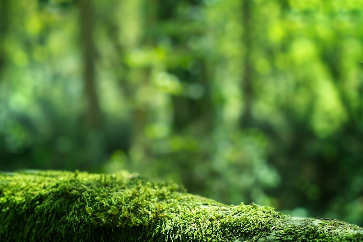 Green moss close up, forest landscape background. Sochi National Park, Yew-boxwood grove