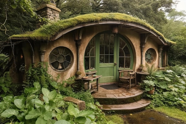 Green nature hobbit house foto con sfondo floreale verde