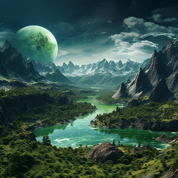 Green Planet Oasis River e montagne sullo sfondo