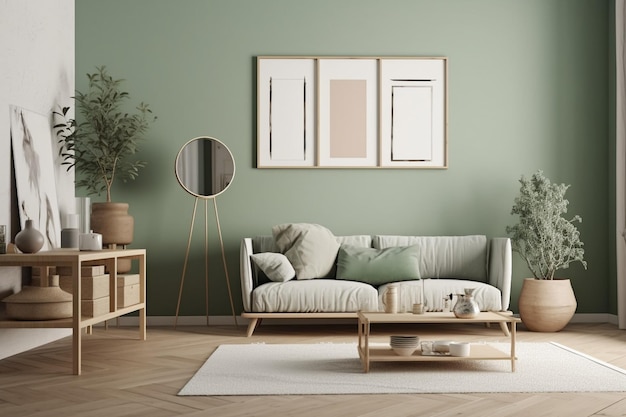 Green Sage Living Room Interior Design creato con AI generativa
