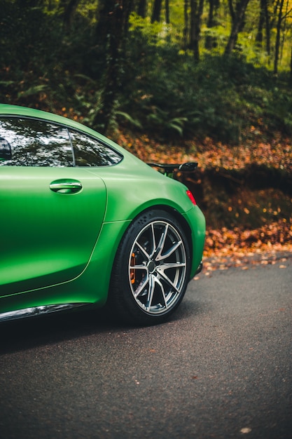 Green sport car in the dark forest