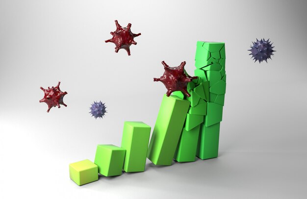 Green Statistic Demolished by Virus. Coronavirus Destroy Economic Concept 3D Rendering