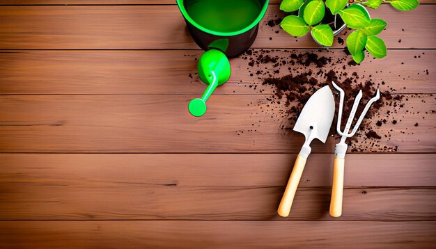 Green Thumb Essentials Vista dall'alto degli attrezzi da giardinaggio sul pavimento in legno Preparati a coltivare