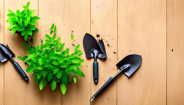 Green Thumb Essentials Vista dall'alto degli attrezzi da giardinaggio sul pavimento in legno Preparati a coltivare