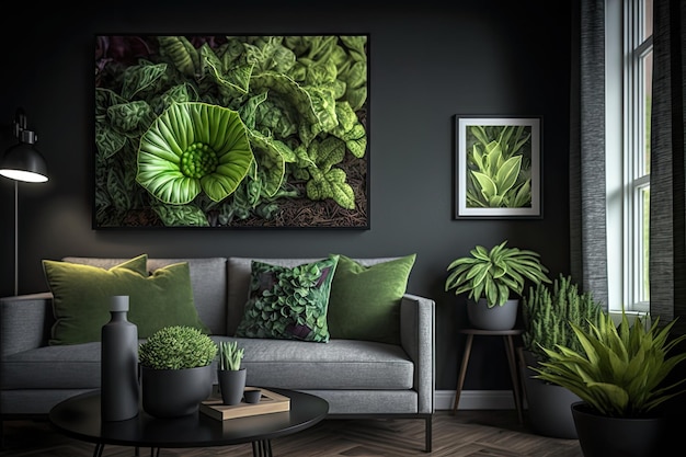 Green Wall Vertical Garden Eco Bio Room Interior con Live Plans Abstract Generative AI Illustration