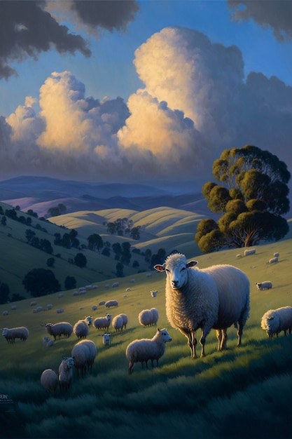 Gregge di pecore in piedi in cima a un lussureggiante campo verde generativo ai